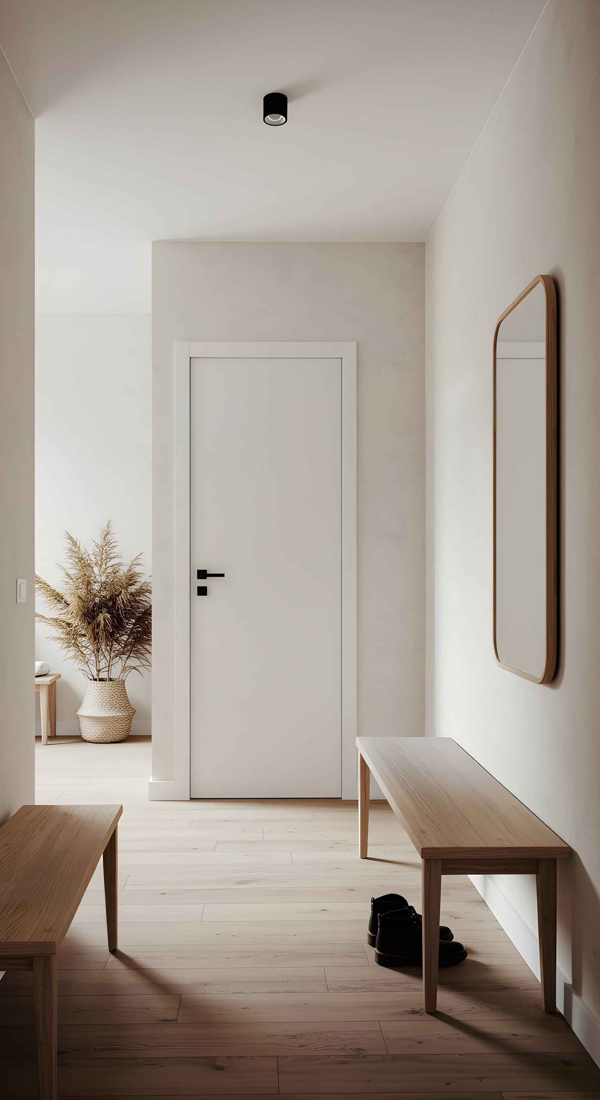 Interior minimalista del pasillo con banco de madera y espejo en Estepona